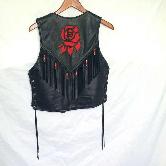 TRD Vintage Leather Vest With Roses and Beaded Fringe, Women Size Large. - Picture 14 of 16